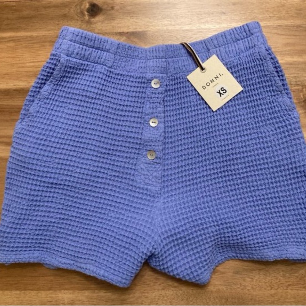 DONNI. High Waist Blue Waffle Knit Shorts